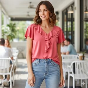 Adrianna Papell Coral/Pink Blouse Ruffle V-Neck Short Sleeve Top Women's Size L